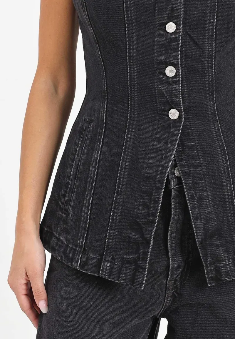 Bustino in denim nero da donna miniatura 3