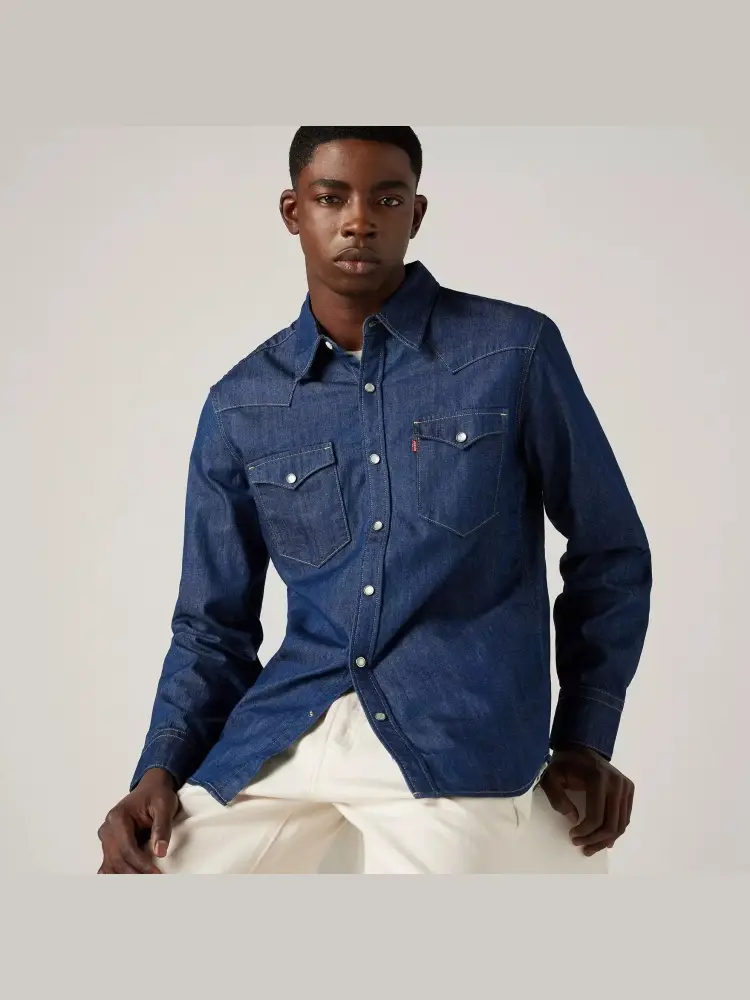 camicia in denim uomo mini logo sul petto