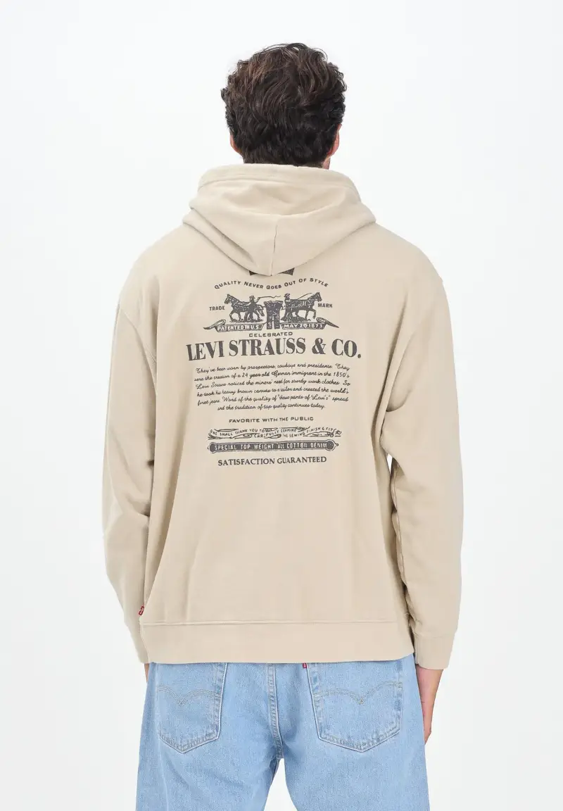 Felpa con cappuccio beige da uomo rifinita da stampa sul retro miniatura 3