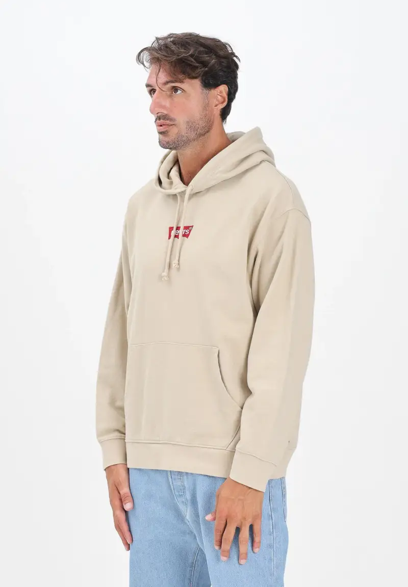 Felpa con cappuccio beige da uomo rifinita da stampa sul retro