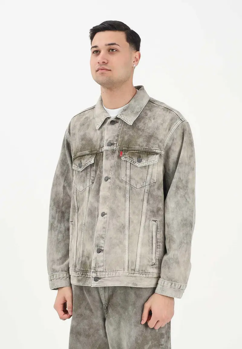 LEVI Giubbotto in denim verde mimetico da uomo con lavaggio effetto marmorizzato