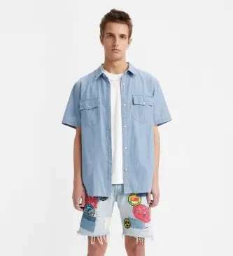 Levi per uomo A5722-0008 Camicia western blu dal taglio rilassato (S), Casual, Cotone, Manica corta