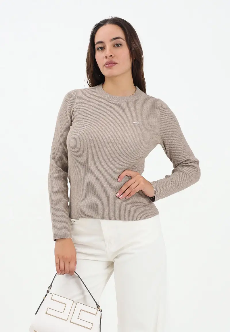 Maglioncino girocollo beige da donna realizzato in tessuto a costine miniatura 2