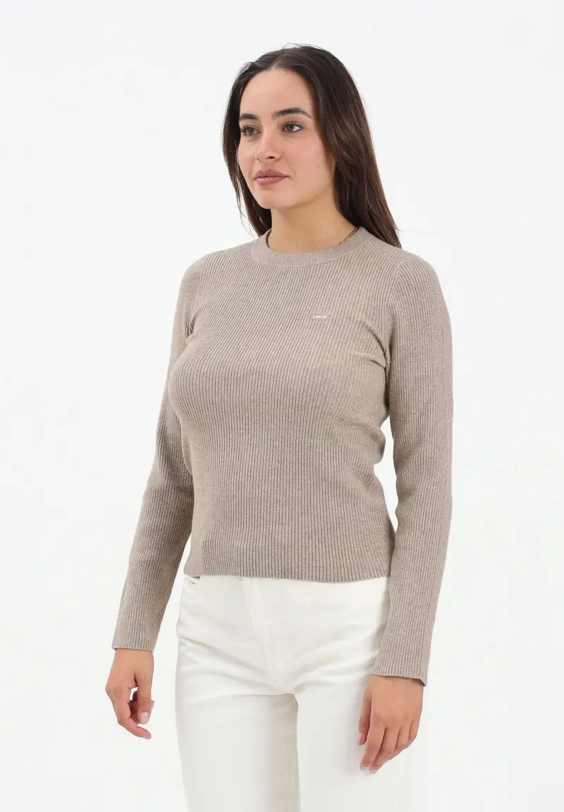 Maglioncino girocollo beige da donna realizzato in tessuto a costine