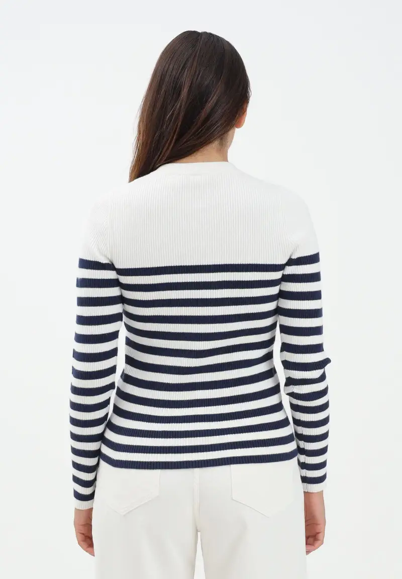 Maglioncino girocollo bianco da donna con motivo a righe blu miniatura 3