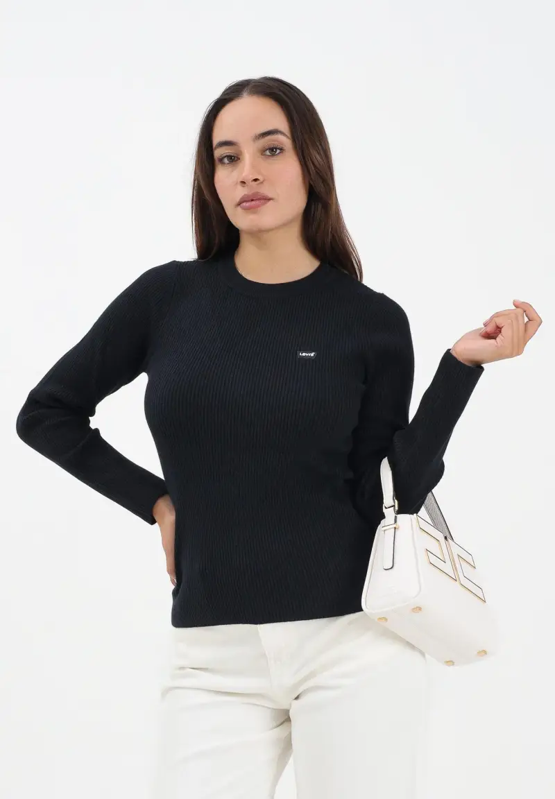 Maglioncino girocollo nero da donna realizzato in tessuto a costine miniatura 2