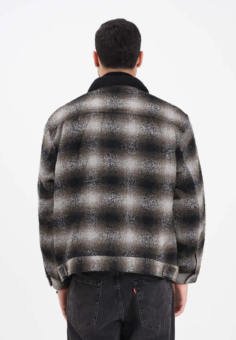 Montone Sherpa Trucker da uomo con motivo check sfumato nei toni del nero, grigio e marrone miniatura 3