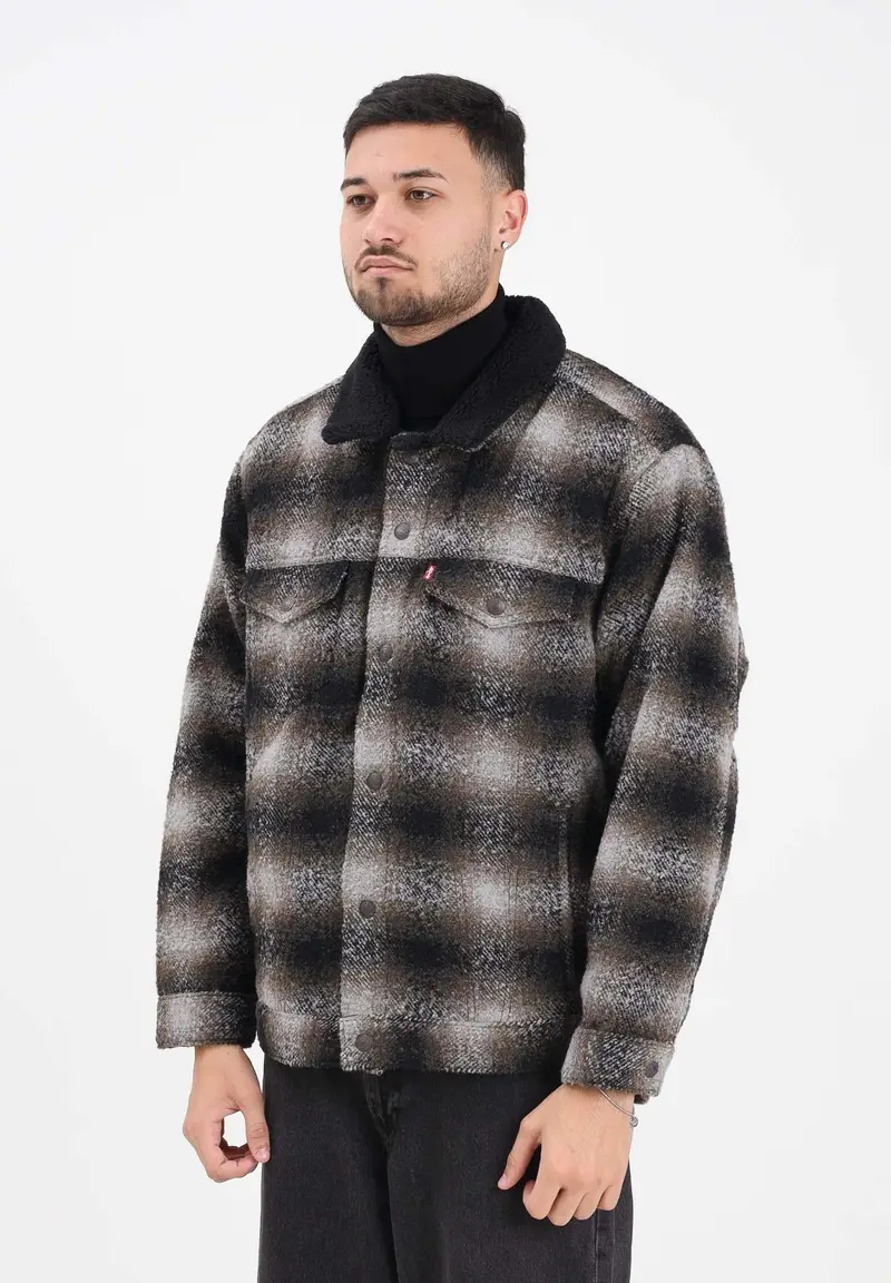 Montone Sherpa Trucker da uomo con motivo check sfumato nei toni del nero, grigio e marrone