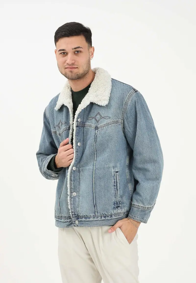 Montone Western Sherpa Trucker in denim chiaro da uomo miniatura 2