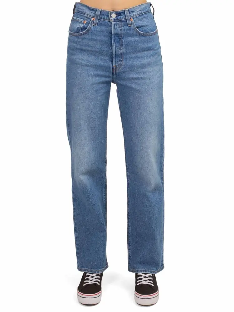 pantalone in denim chiaro donna patch logo sul retro