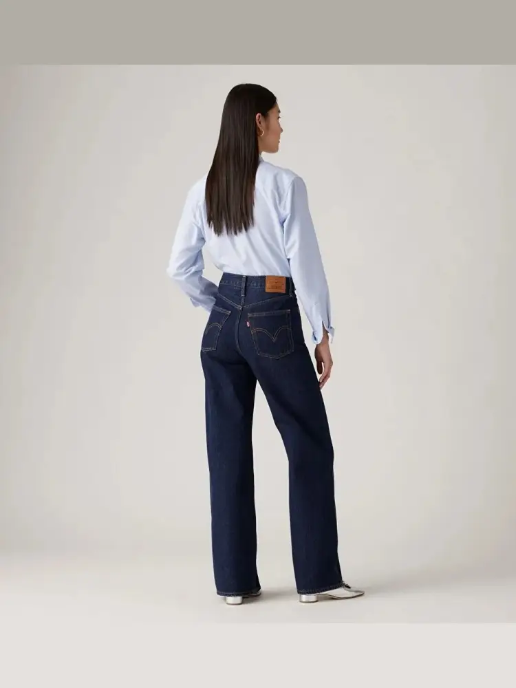 pantalone in denim scuro donna wide leg patch logo sul retro miniatura 2