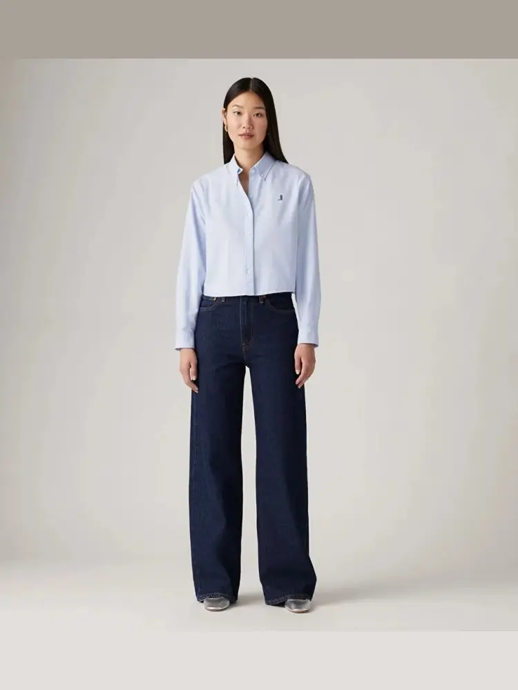 pantalone in denim scuro donna wide leg patch logo sul retro