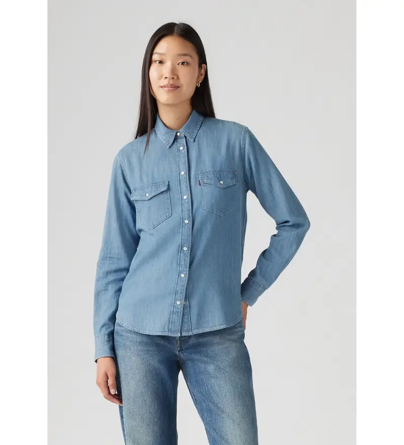 per donna 16786-0105 Camicia blu western iconica (XS), Casual, Cotone, Manica lunga