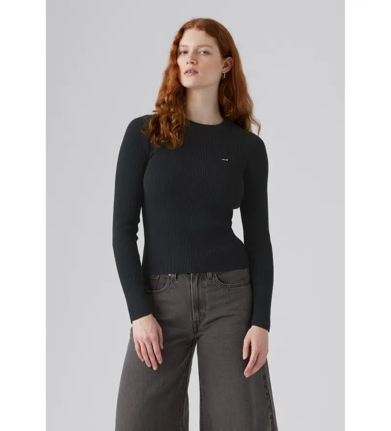 per donna. A0719-0035 Maglia a coste nera (XS), Nero, Casual, Cotone, Manica lunga