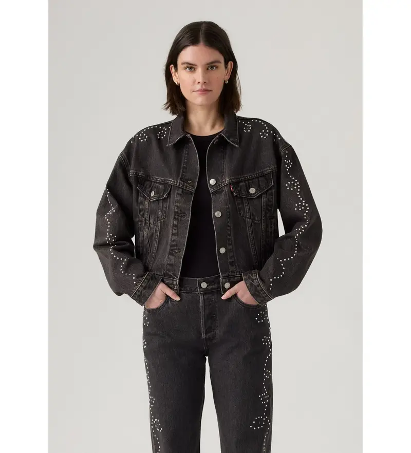 per donna A9456-0003 Giacca da camionista nera anni '90 (M), Nero, Casual, Cotone Naturale