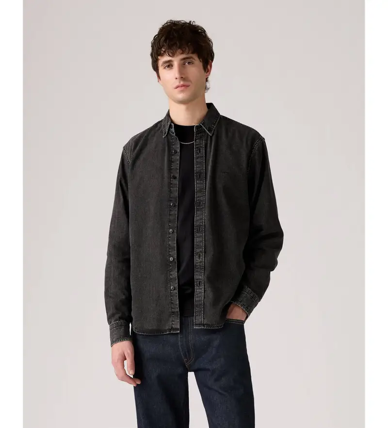 per uomo. A7210-0038 Autentica camicia nera con bottoni (S), Nero, Casual, Cotone, Manica lunga