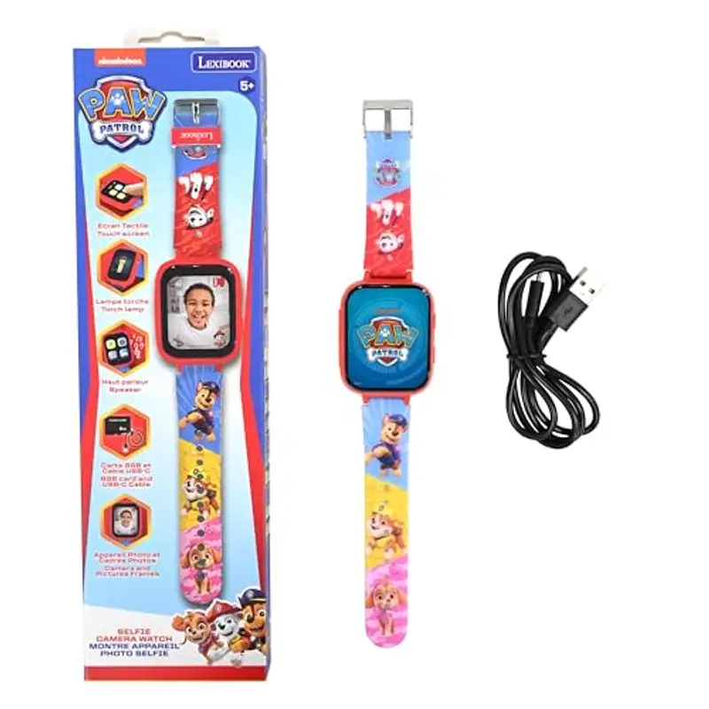 Lexibook, Paw Patrol, Orologio con fotocamera selfie, Schermo tattile HD, Fotocamera 720p, Lettore MP3, Altoparlante integrato, Registratore vocale, Contapassi, 5 giochi, Rosso, DMW070PA