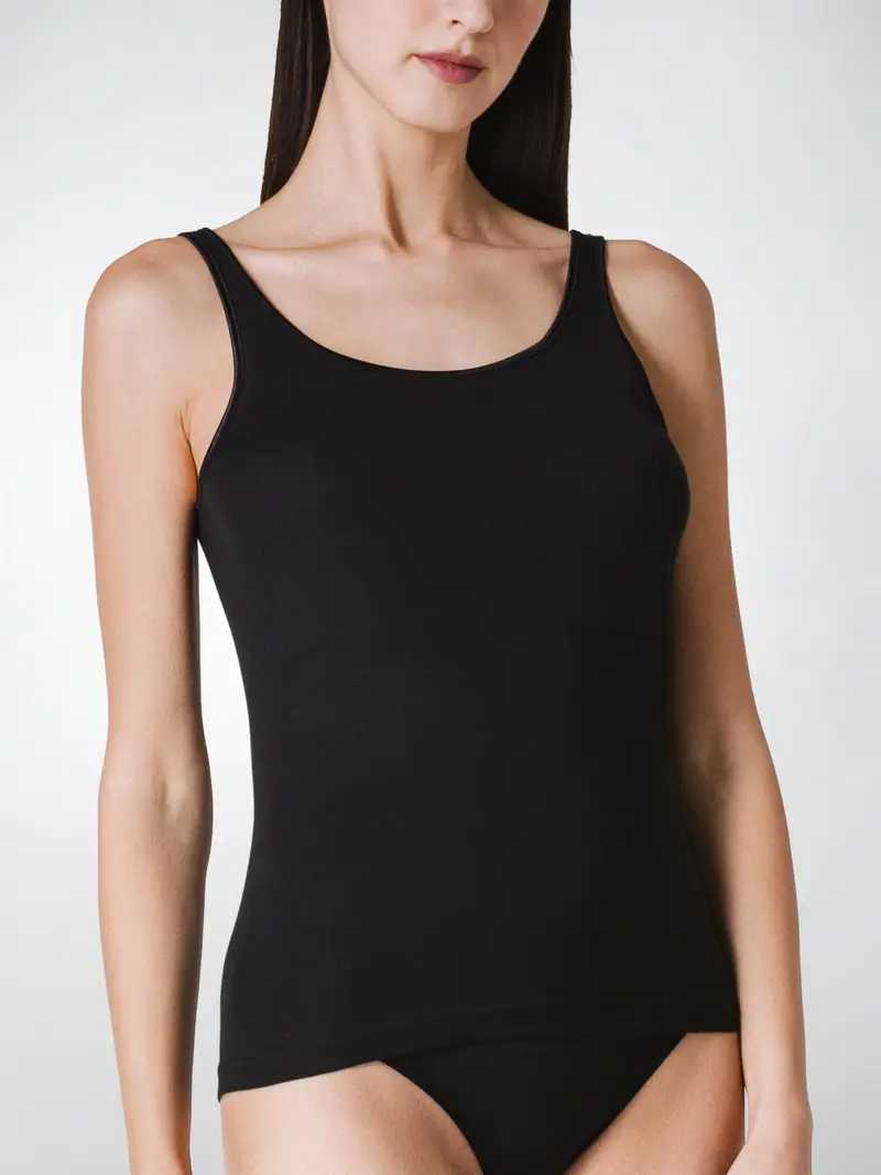 Canotta bordo raso spalla larga donna ARIA, 100% cotone SUPIMA - NERO 1658 / 2-XS