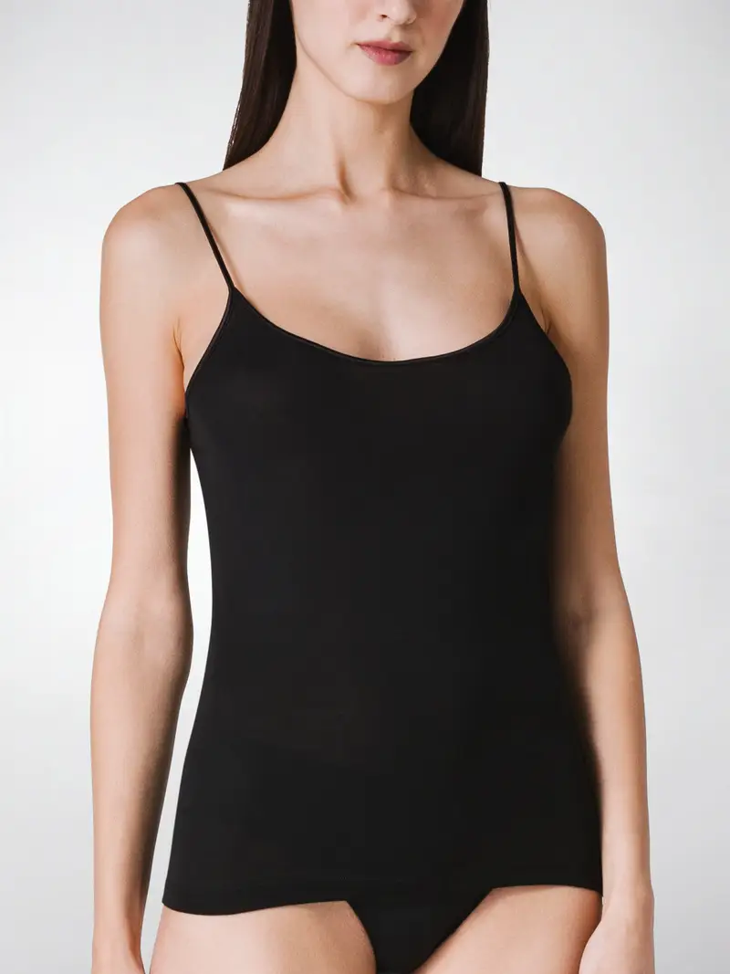 Canotta bordo raso spallina sottile donna ARIA, 100% cotone SUPIMA - NERO 1656 / 2-XS