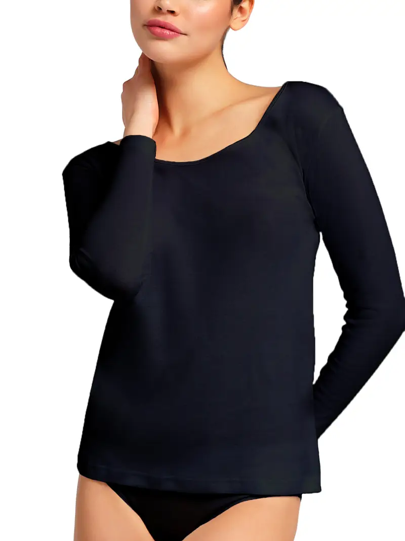 Maglietta girocollo bordo raso manica lunga donna, caldo cotone - 2-XS / NERO 0007