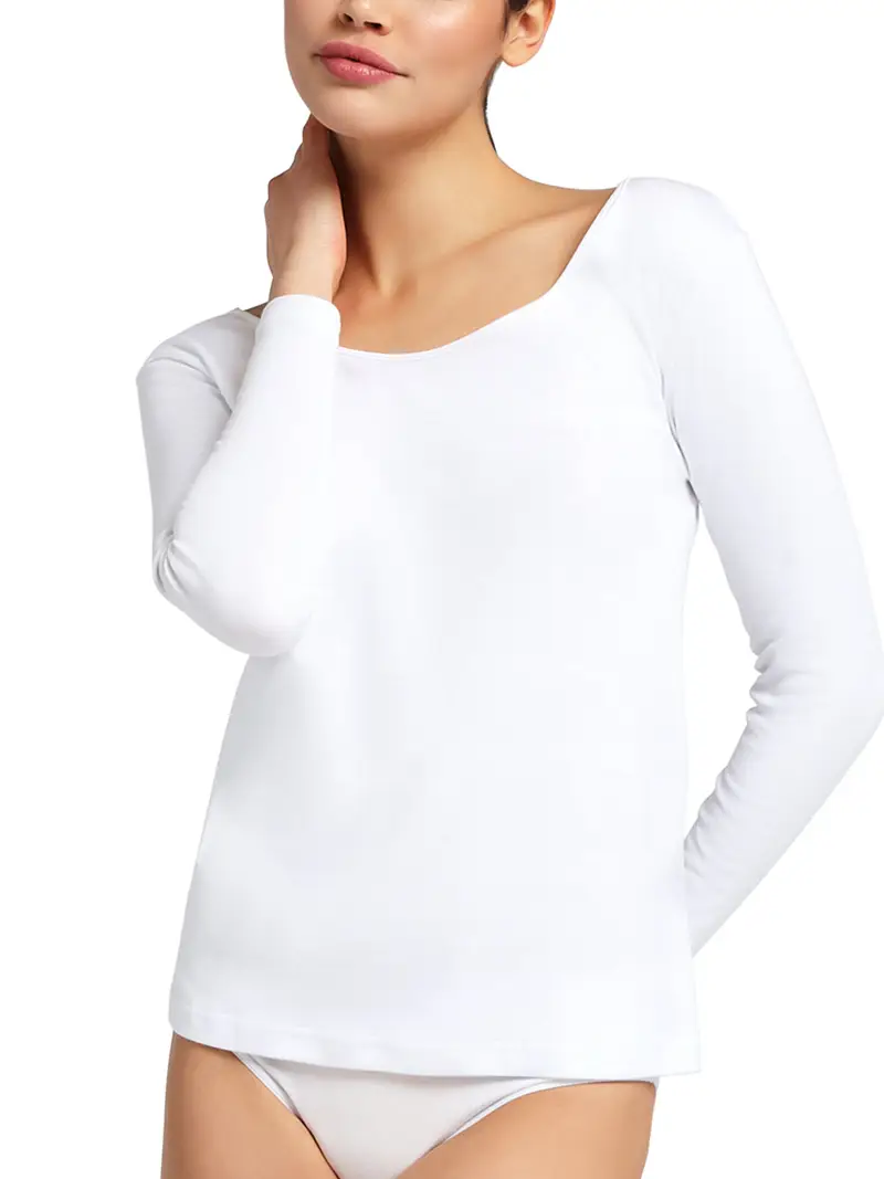 Maglietta girocollo bordo raso manica lunga donna, caldo cotone - BIANCO 1183 / 2-XS