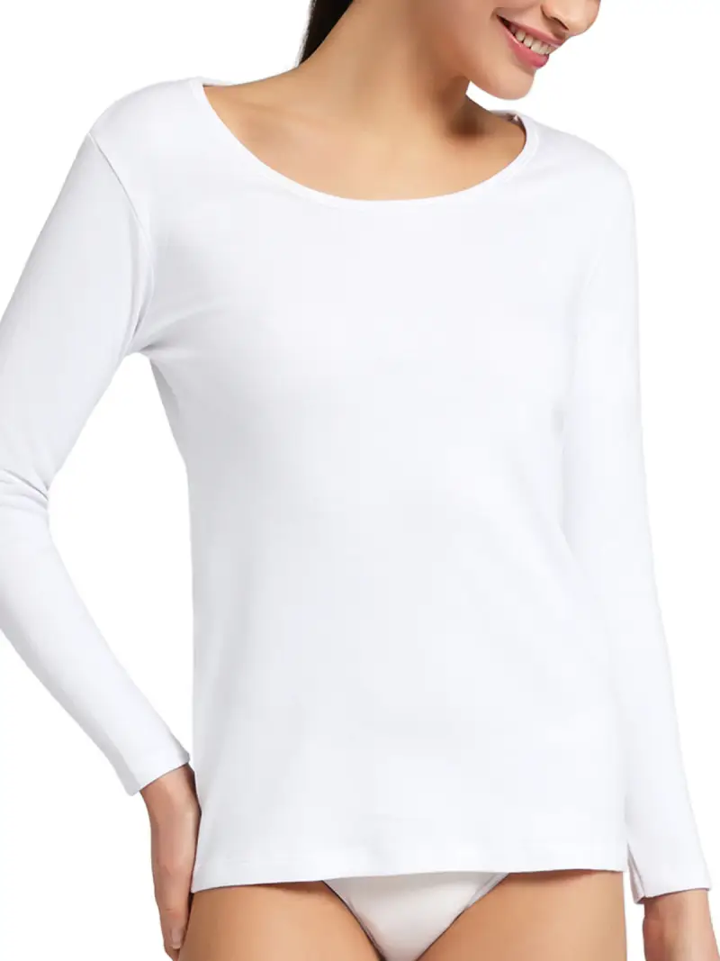 Maglietta girocollo bordo raso manica lunga donna, THERMO COTTON - 3/S / BIANCO 0001