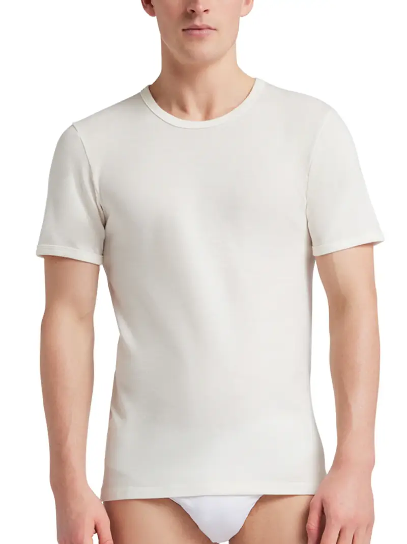 T-Shirt girocollo manica corta uomo, esterno 65% lana-interno 100% cotone - BIANCO 112 / 9-4XL