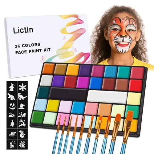 Lictin Pittura per Viso 36 Colori-Face Paint,10 Pennelli Professionali ,30 grafica per festa di Halloween, compleanno,