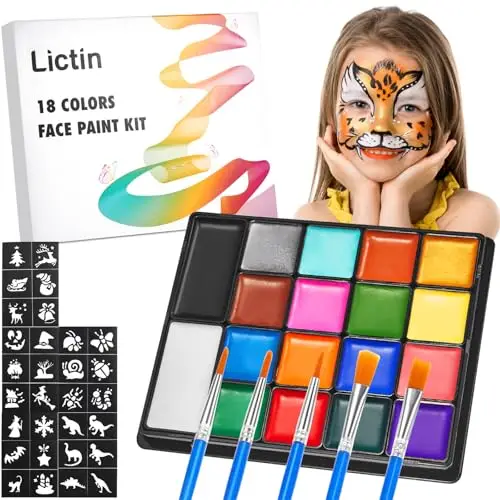 Lictin Truccabimbi Kit,Face Paint-18 Colori,Kit per La Pittura del Viso per Bambini,5 Pennelli Professionali,30 grafica