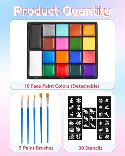 Lictin Truccabimbi Kit, Face Paint-18 Colori, Kit per La Pittura del Viso per Bambini, 5 Pennelli Professionali, 30 grafica miniatura 2