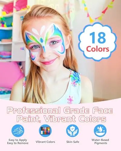 Lictin Truccabimbi Kit, Face Paint-18 Colori, Kit per La Pittura del Viso per Bambini, 5 Pennelli Professionali, 30 grafica miniatura 3