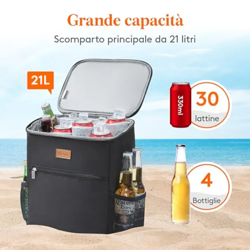 Lifewit Zaino Termico 24L (30 Lattine), Borsa Frigo Portatile con Scomparto, Grande Borse Termica Porta Pranzo per Uomo e Donna, Cooler Bag per Mare, Spiaggia, Viaggio, Nero miniatura 2