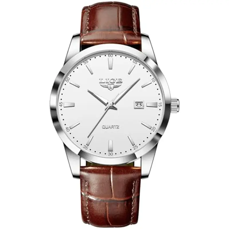 LIGE Orologio Vintage Uomo Elegante Analogico Quarzo Classico Wrist Watches For Men Impermeabile In Vera Pelle Pointer Luminoso Business Orologio Da Polso Uomo Con Data,Argento Bianco