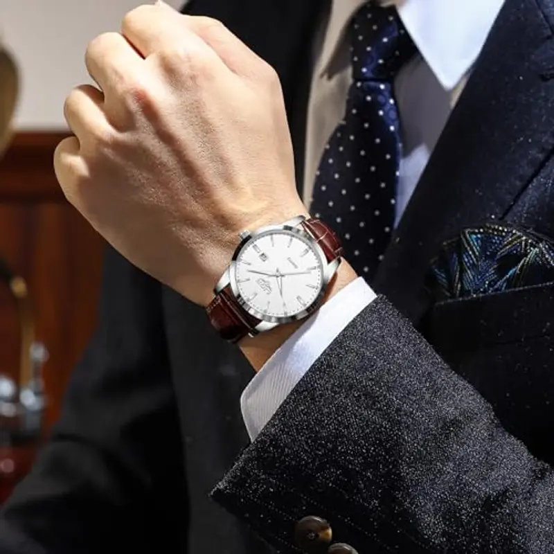 LIGE Orologio Vintage Uomo Elegante Analogico Quarzo Classico Wrist Watches For Men Impermeabile In Vera Pelle Pointer Luminoso Business Orologio Da Polso Uomo Con Data, Argento Bianco miniatura 2