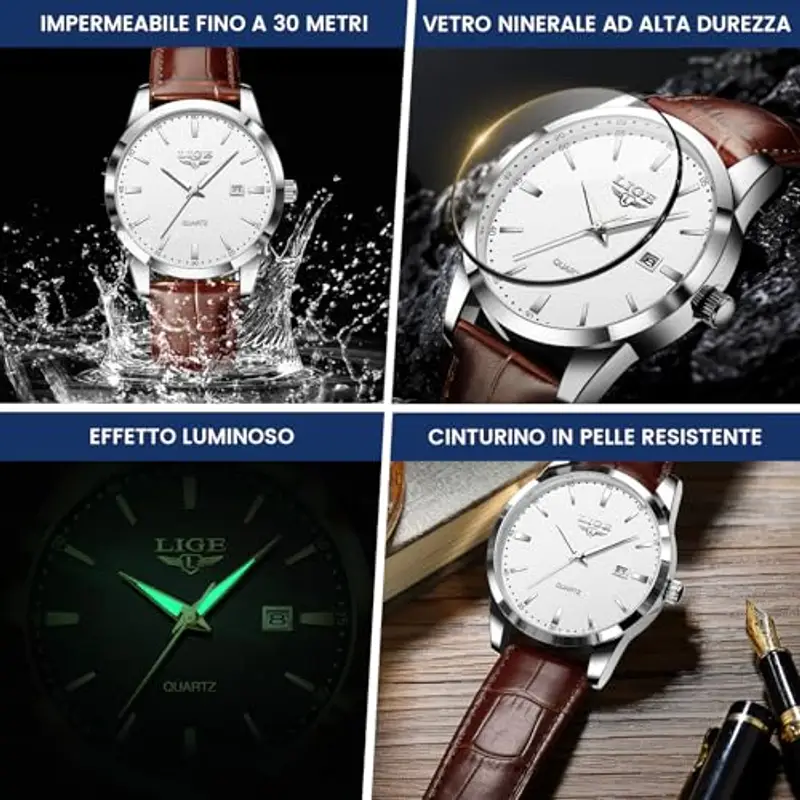 LIGE Orologio Vintage Uomo Elegante Analogico Quarzo Classico Wrist Watches For Men Impermeabile In Vera Pelle Pointer Luminoso Business Orologio Da Polso Uomo Con Data, Argento Bianco miniatura 3
