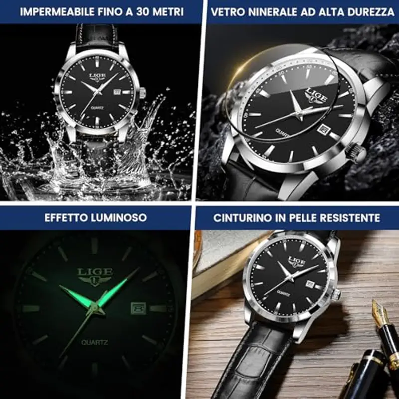 LIGE Orologio Vintage Uomo Elegante Analogico Quarzo Classico Wrist Watches For Men Impermeabile In Vera Pelle Pointer Luminoso Business Orologio Da Polso Uomo Con Data, Argento Nero miniatura 3