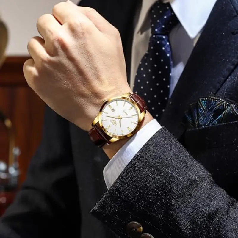 LIGE Orologio Vintage Uomo Elegante Analogico Quarzo Classico Wrist Watches For Men Impermeabile In Vera Pelle Pointer Luminoso Business Orologio Da Polso Uomo Con Data, Oro Bianco miniatura 2