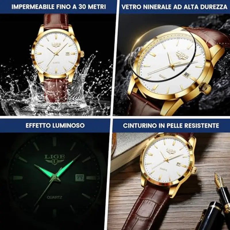 LIGE Orologio Vintage Uomo Elegante Analogico Quarzo Classico Wrist Watches For Men Impermeabile In Vera Pelle Pointer Luminoso Business Orologio Da Polso Uomo Con Data, Oro Bianco miniatura 3