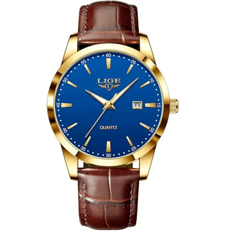 LIGE Orologio Vintage Uomo Elegante Analogico Quarzo Classico Wrist Watches For Men Impermeabile In Vera Pelle Pointer Luminoso Business Orologio Da Polso Uomo Con Data,Oro Blu