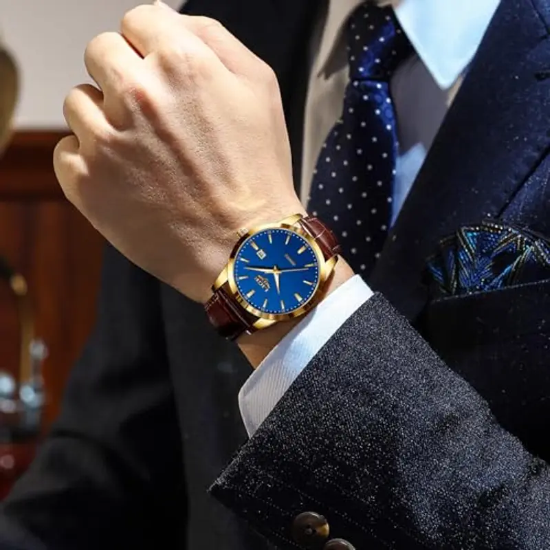 LIGE Orologio Vintage Uomo Elegante Analogico Quarzo Classico Wrist Watches For Men Impermeabile In Vera Pelle Pointer Luminoso Business Orologio Da Polso Uomo Con Data, Oro Blu miniatura 2