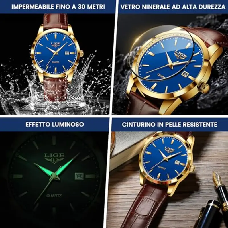 LIGE Orologio Vintage Uomo Elegante Analogico Quarzo Classico Wrist Watches For Men Impermeabile In Vera Pelle Pointer Luminoso Business Orologio Da Polso Uomo Con Data, Oro Blu miniatura 3