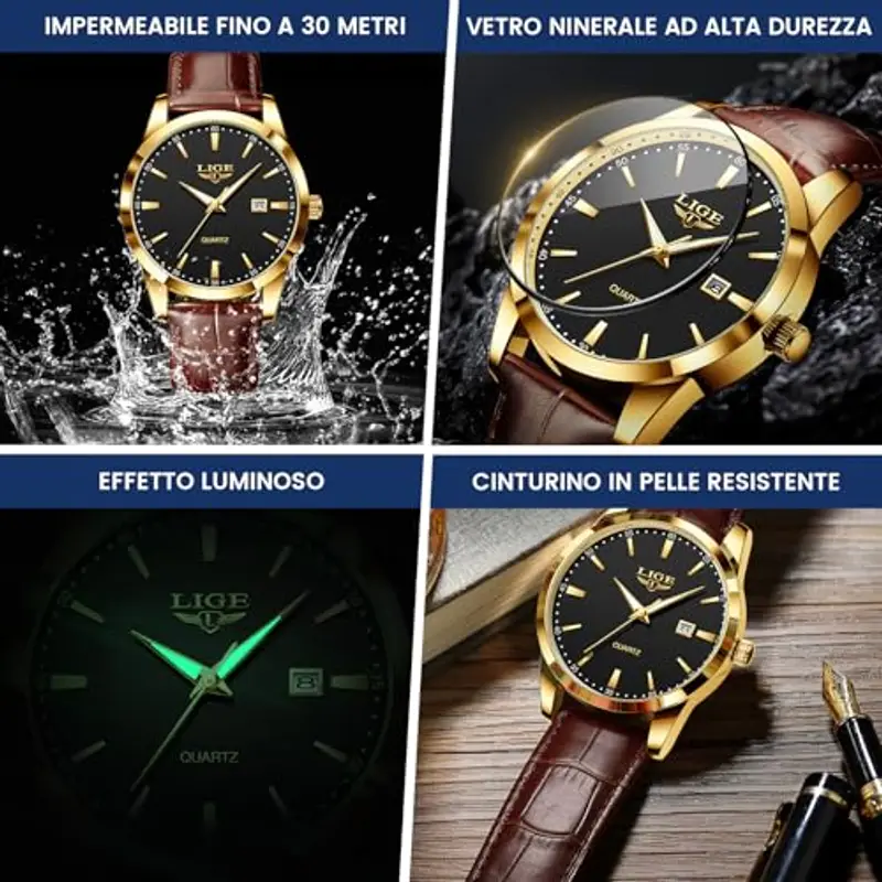 LIGE Orologio Vintage Uomo Elegante Analogico Quarzo Classico Wrist Watches For Men Impermeabile In Vera Pelle Pointer Luminoso Business Orologio Da Polso Uomo Con Data, Oro nero miniatura 3