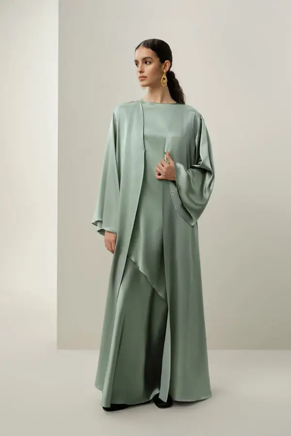 Abaya Elegante Donna in Seta Charmeuse Stretch Asimmetrica Verde Avocado