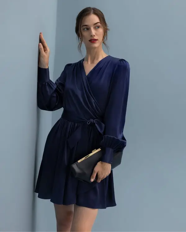 Abiti In Seta Donna Blu-Marino Wrap Abito Con Pieghe A Cascata 100% Seta Naturale Perfettamente Adatto Per Clienti Con Le Pelli Sensibili