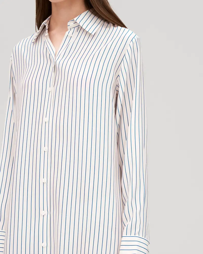 Abiti In Seta Pura Donna Gessato Blu Scuro Oversize E Versatile 100% Seta Delicato Per La Pelle E Traspirante