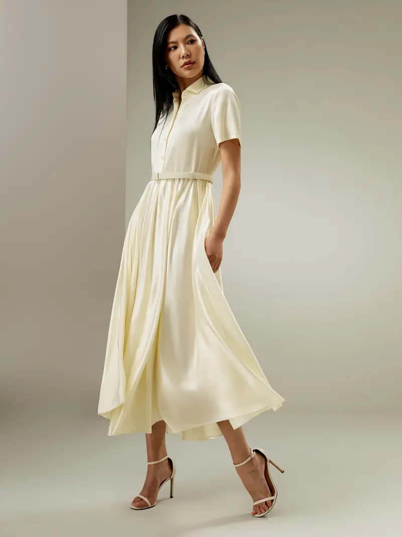 Abiti In Seta Pura Giglio Bianco Cintura In Seta Abbinata, Collo A Camicia 100% Seta Naturale Può Essere Indossato In Vari Modi