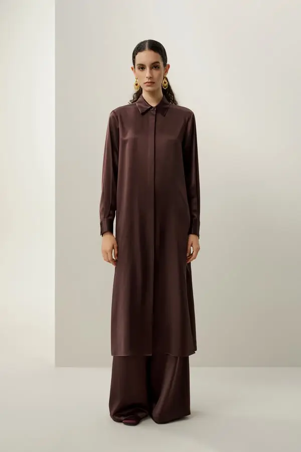 Abito Camicia Donna in Seta Charmeuse Elegante Lungo Marrone Scuro