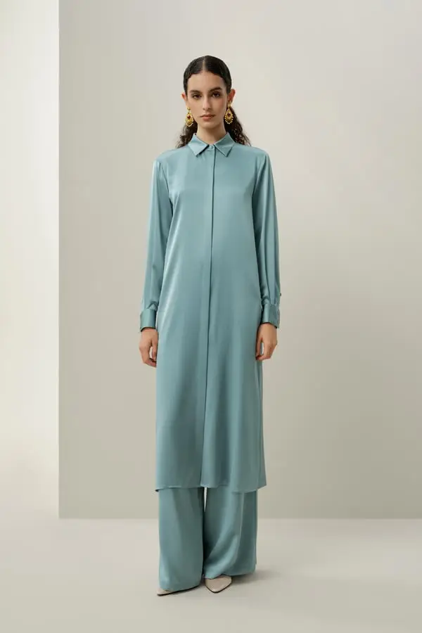 Abito Chemisier Donna in Seta Stretch Lavabile Elegante Lungo Foschia Blu