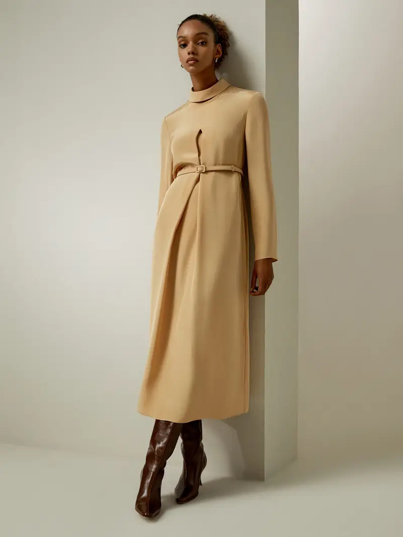 Abito Con Colletto In Piedi Maniche Lunghela Gonna Midi A-Line Vestibilità Elegante Adatto A Molteplici Occasioni Cachi