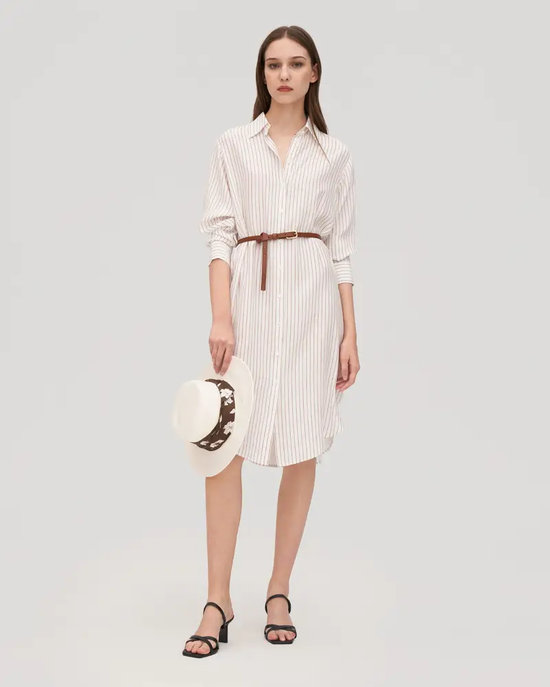 Abito Di Seta Donna Gessato Marrone Vestibilità Morbida 100% Seta Di Gelso Buon Valore, Rispettoso Della Pelle